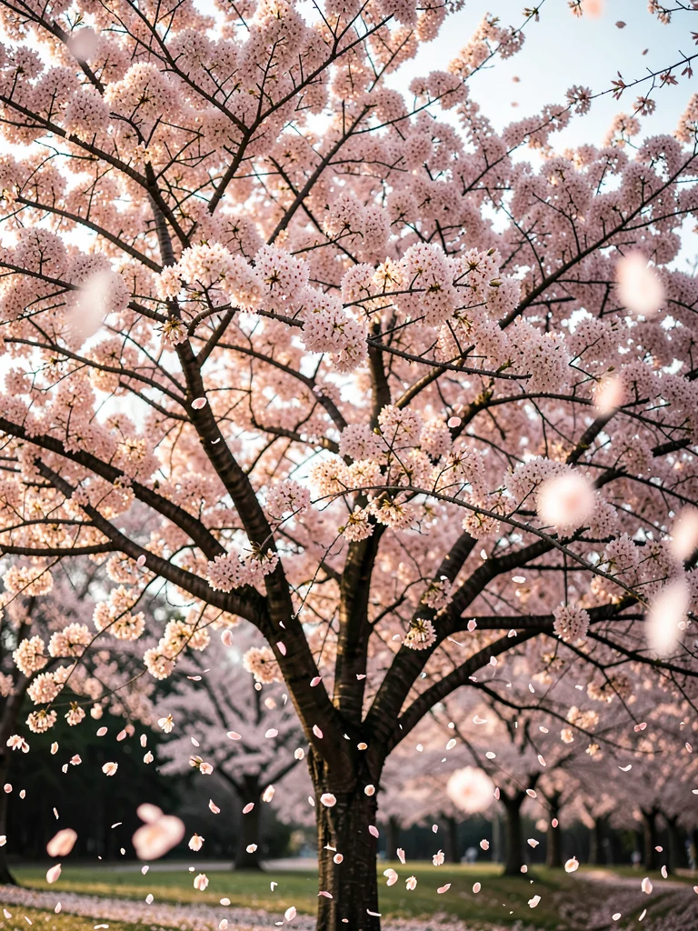 Cherry blossom tree with falling petals from entire afternoon compressed