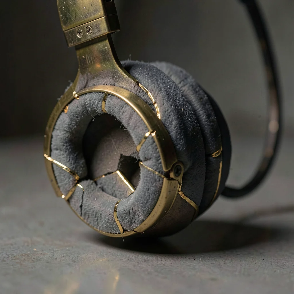 Shattered headphone ear cup with brass repair, foam padding compressed from year