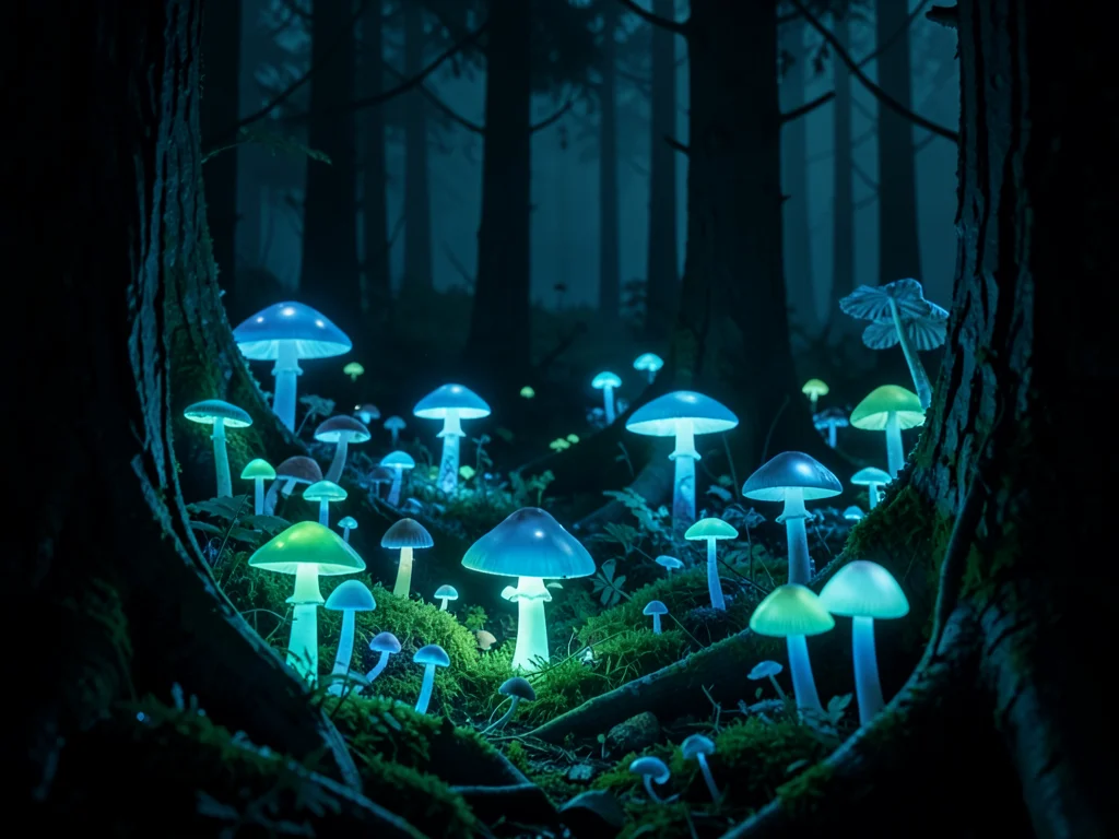 Glowing mushroom forest floor, multiple species, cool blue-green light, dark woo