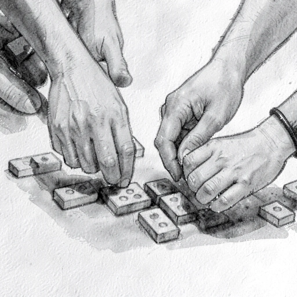 Charcoal narrative scene of two players' hands hovering over the pieces, only fo