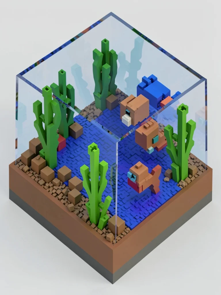 A voxel aquarium with cube fish in blue water, seaweed as green rectangles, and 
