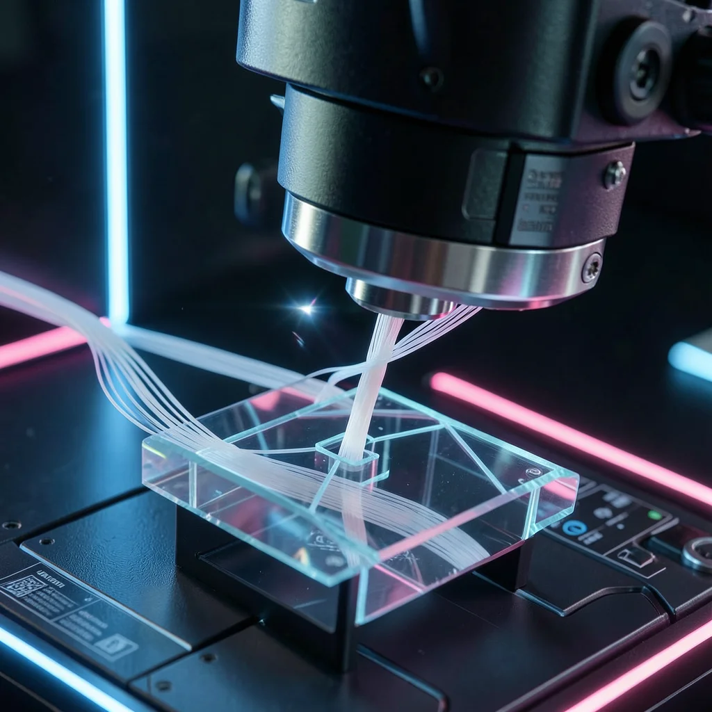 Close-up of a 3D printer extruder creating a geometric object, filament detail v