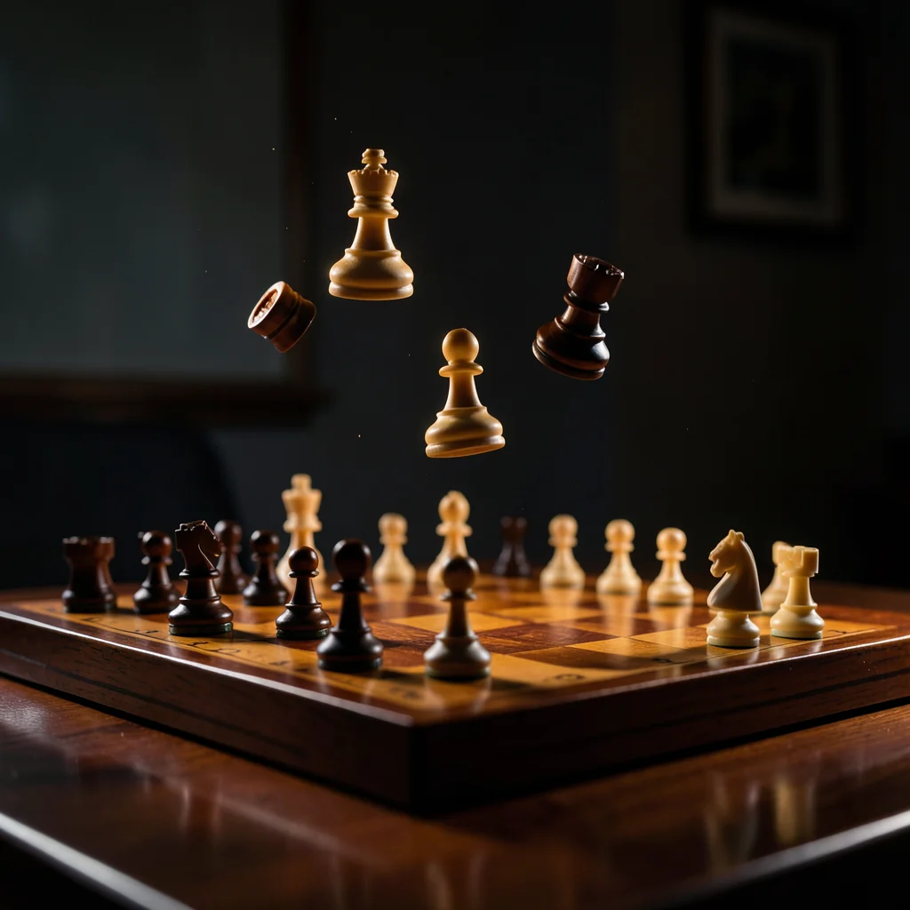 Chess pieces floating above board mid-game, dramatic side lighting, polished woo