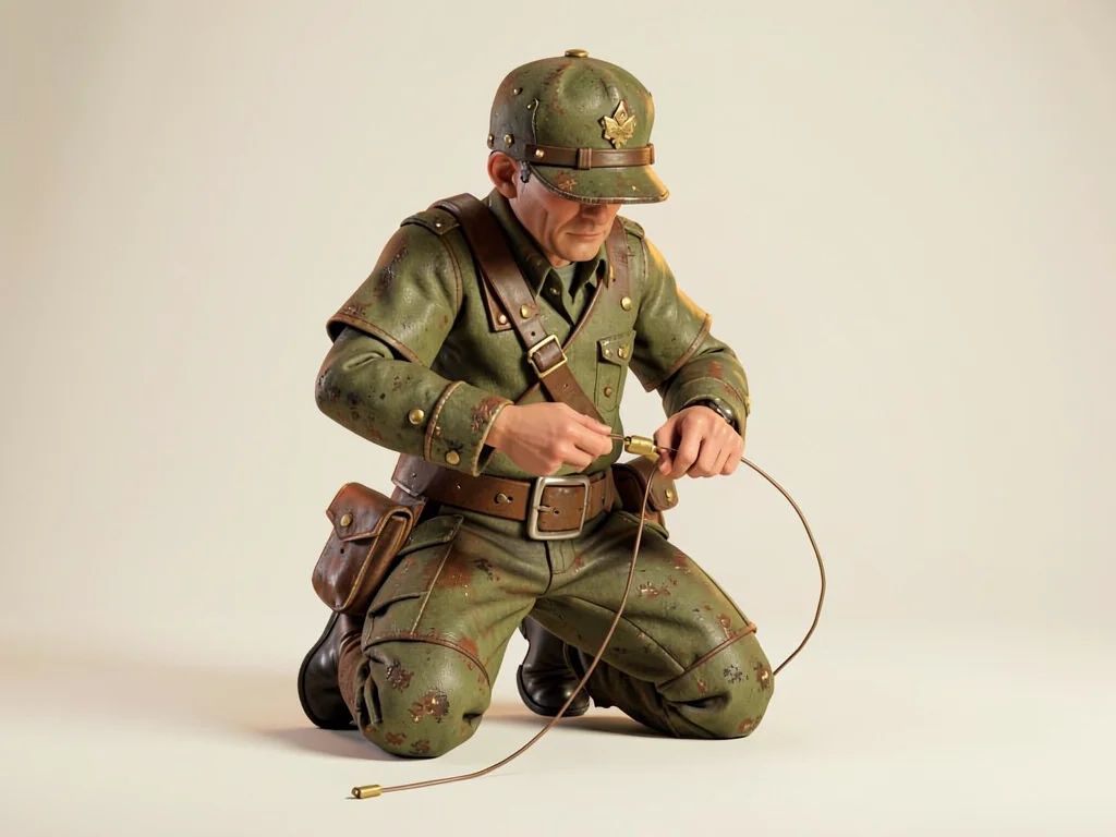 The sapper feeds a brass-clipped wire from a spool at his hip, kneeling so his c