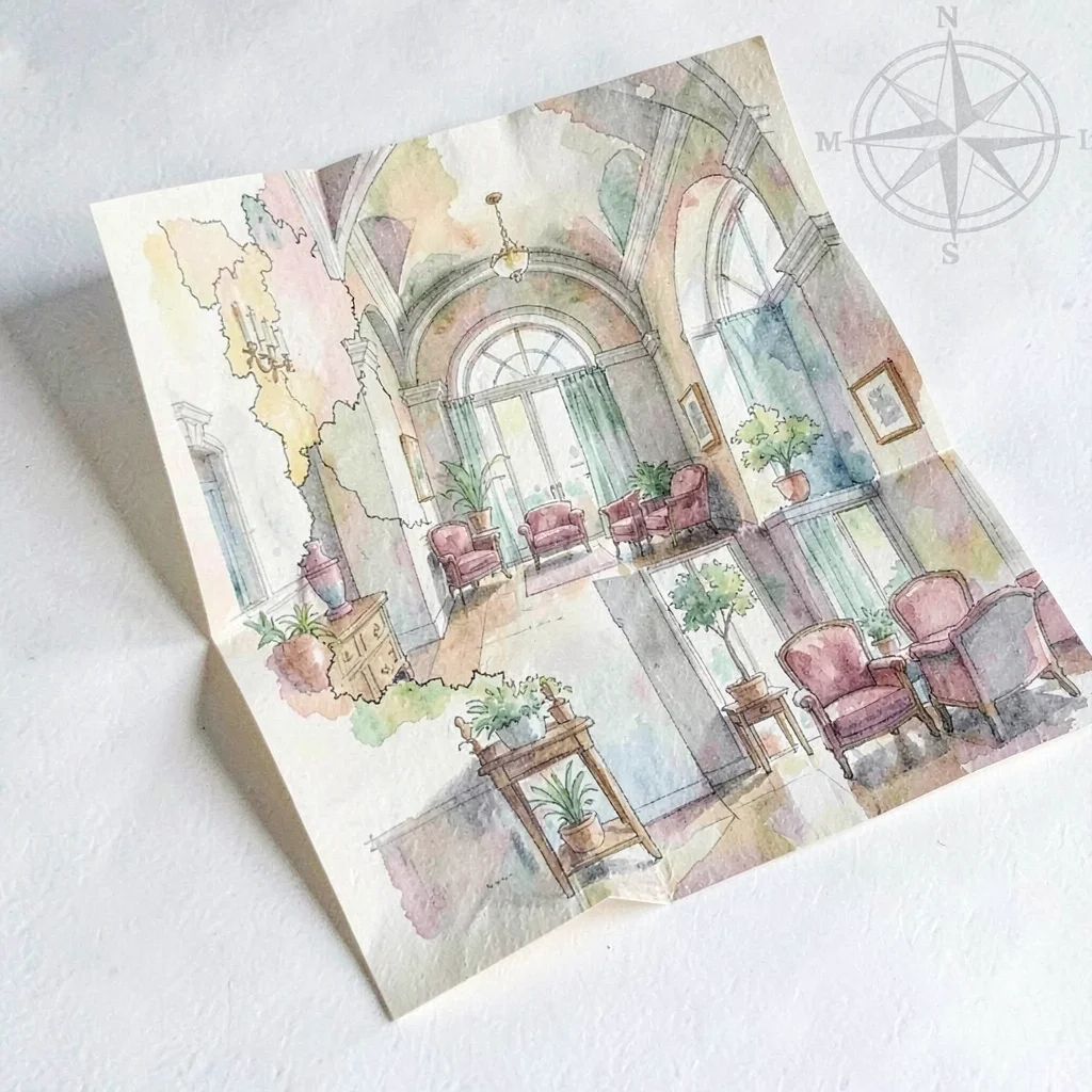 Folded paper con-map prop unfolding across the frame, illustrated halls and loun