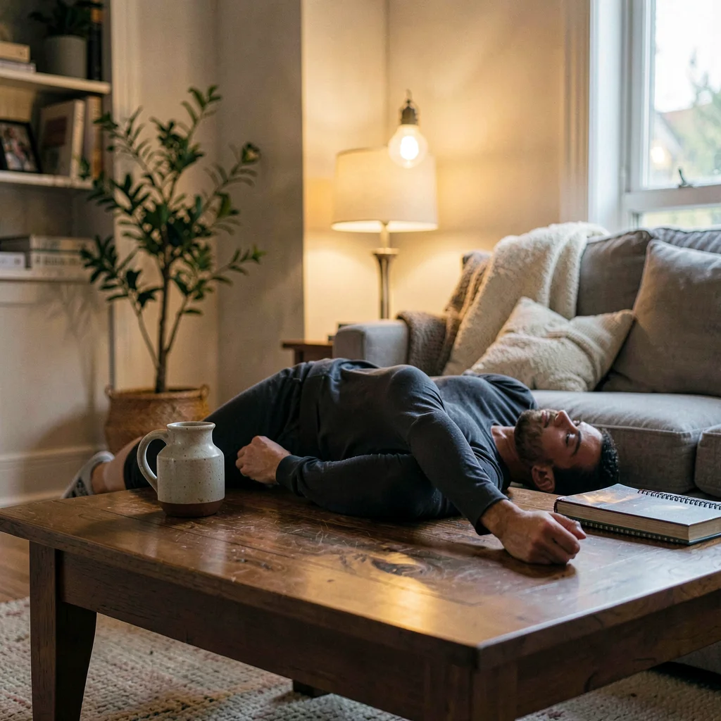 Cozy lifestyle of a runner draped on a coffee table with a small ceramic vase, l