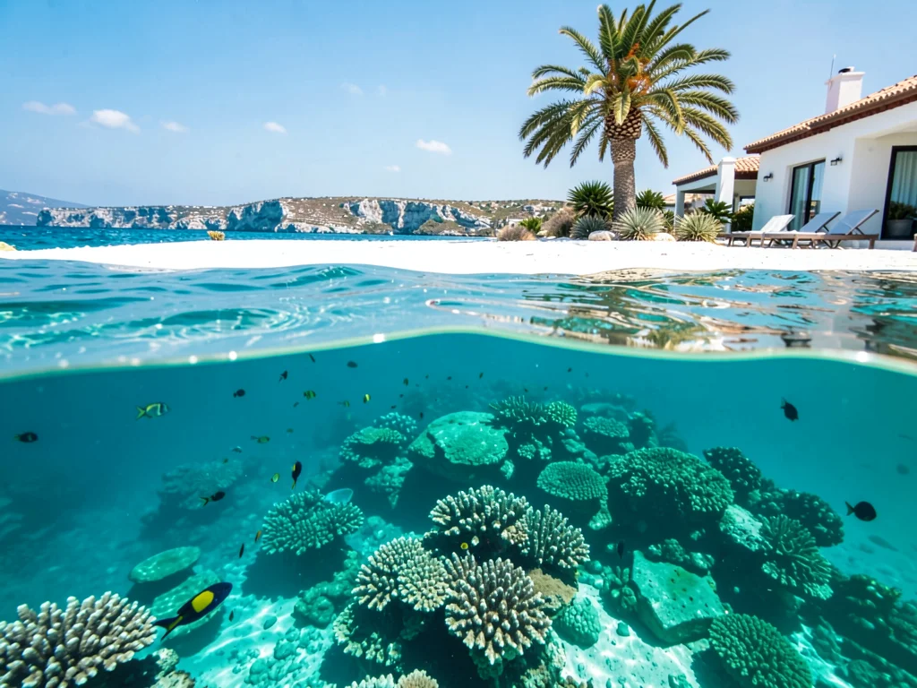 Coral reef ecosystem below, pristine white sand beach and palm tree above the wa