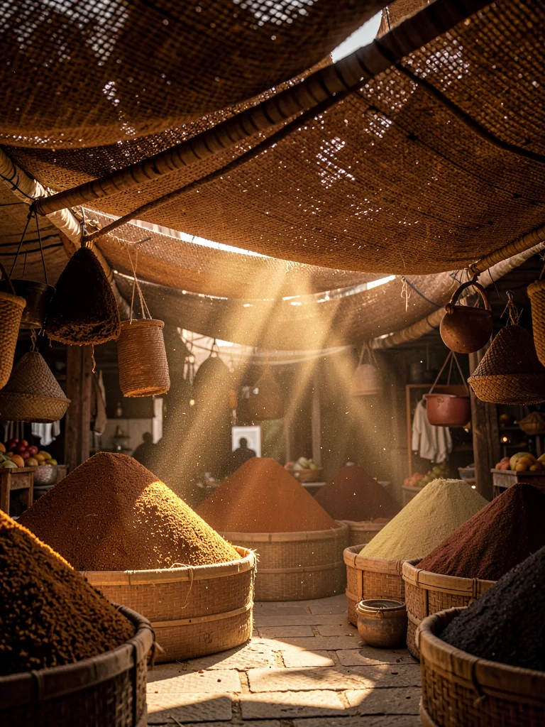 Shaft of sunlight cutting through woven canopy, dust particles suspended in gold