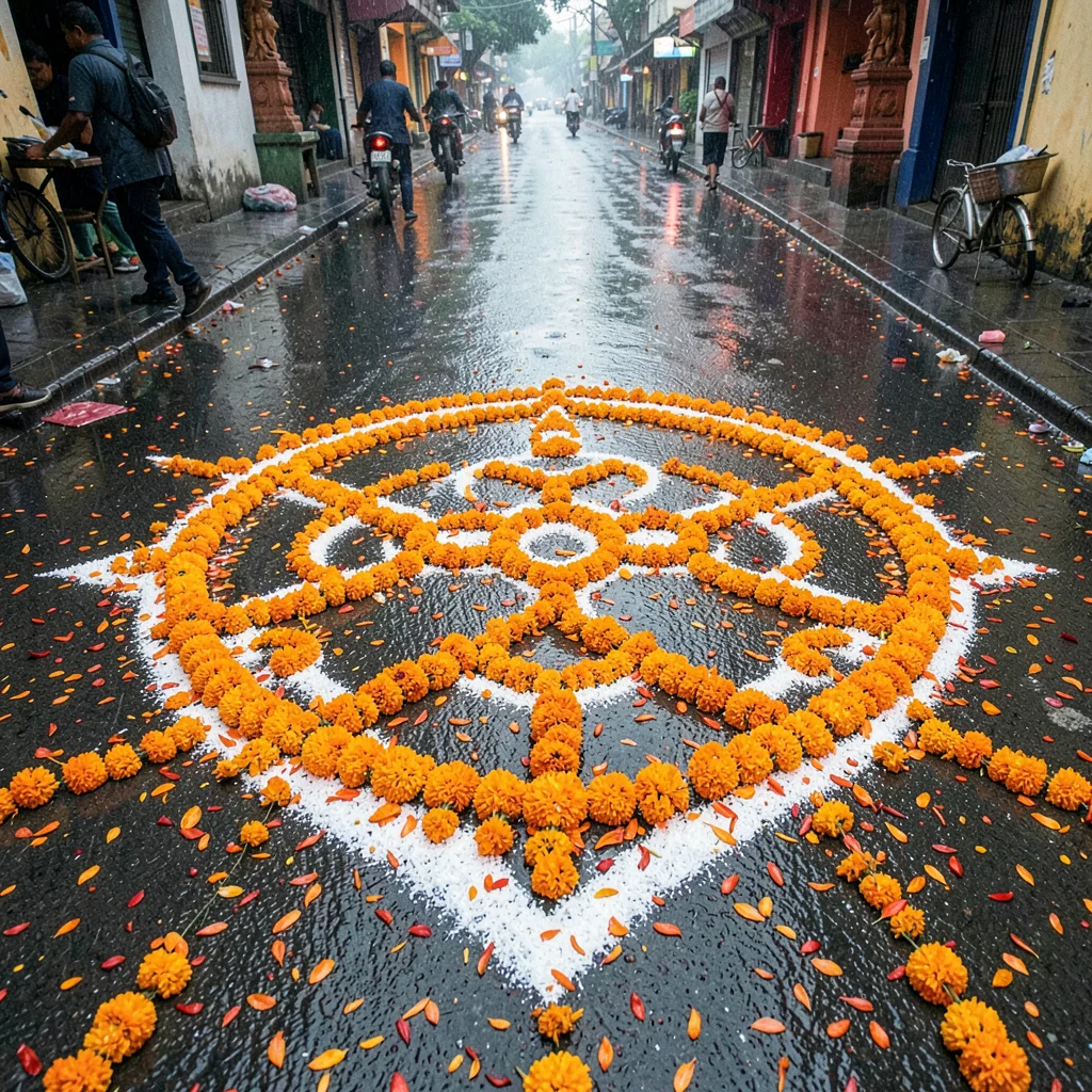 Looking down at Chennai's overlooked patterns, Marigold garlands fallen on a kol