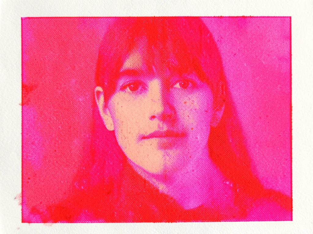 Overinked risograph print, fluorescent red saturating through thin paper, visibl