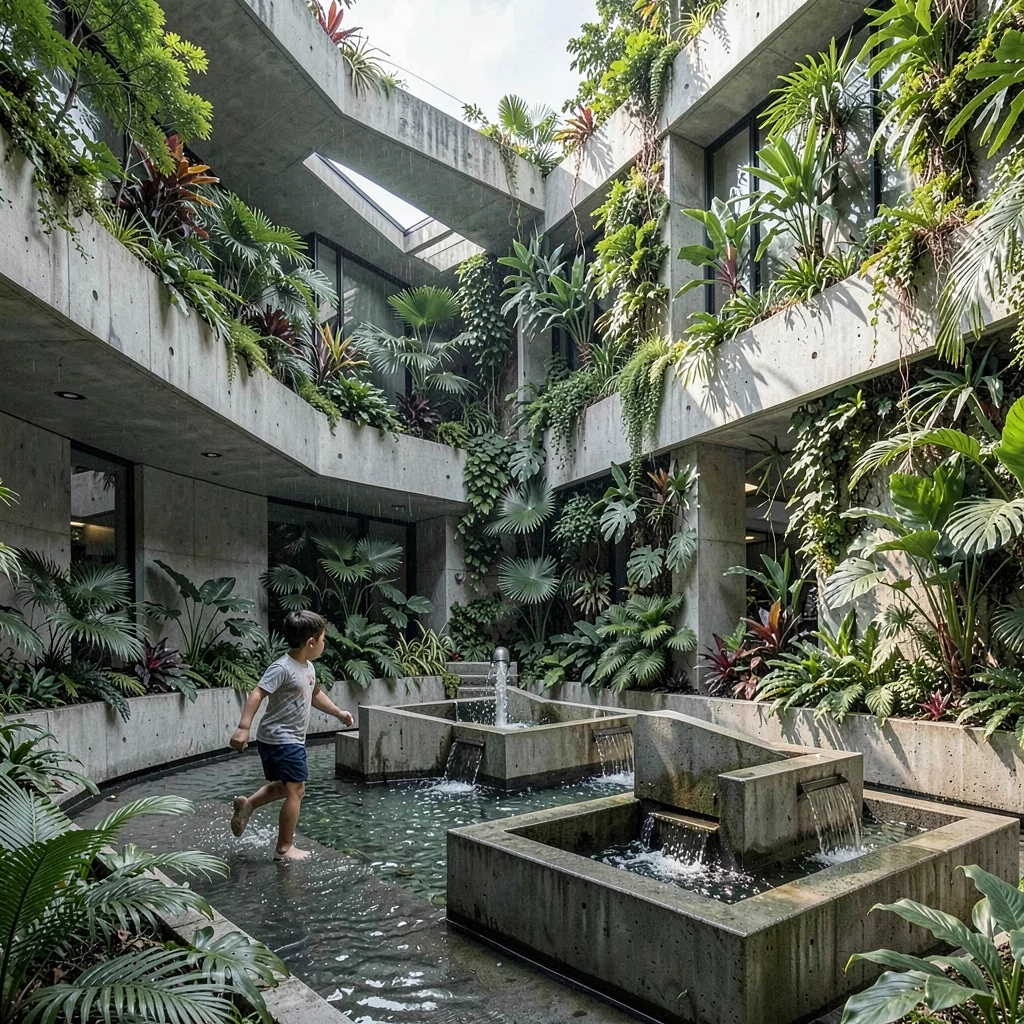 Singapore tropical modernism, green claiming grey, Child running through water f