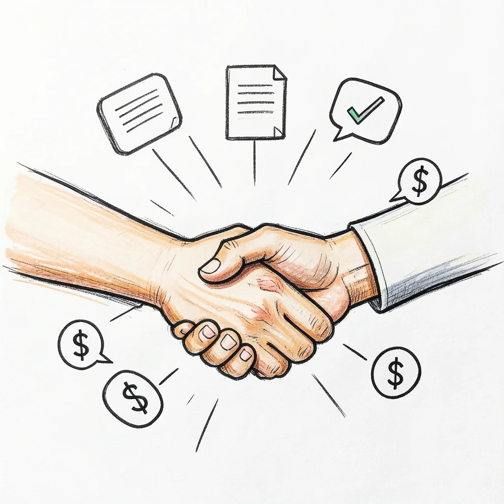 A handshake with small icons radiating from it: speech bubbles, documents, check