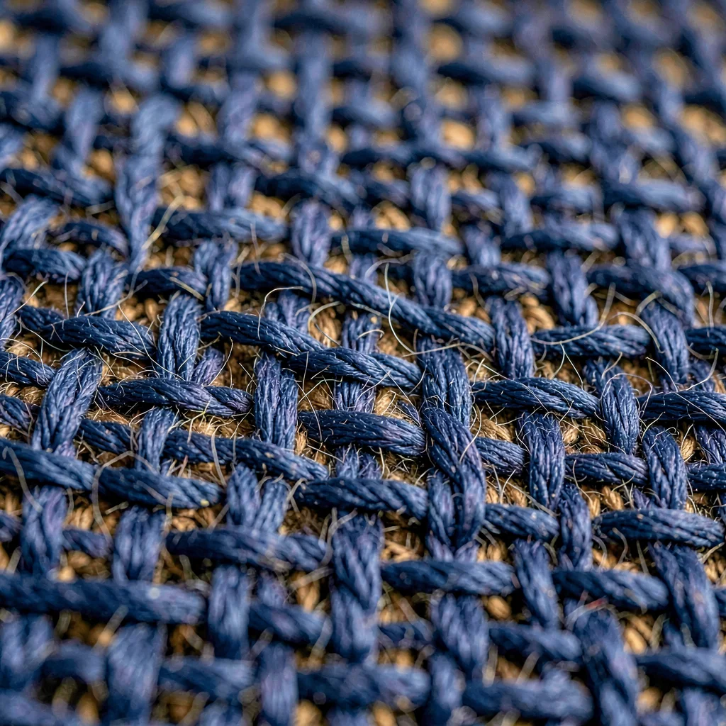 Tight grid of plain-weave indigo-dyed wool warp threads showing crisp tension an