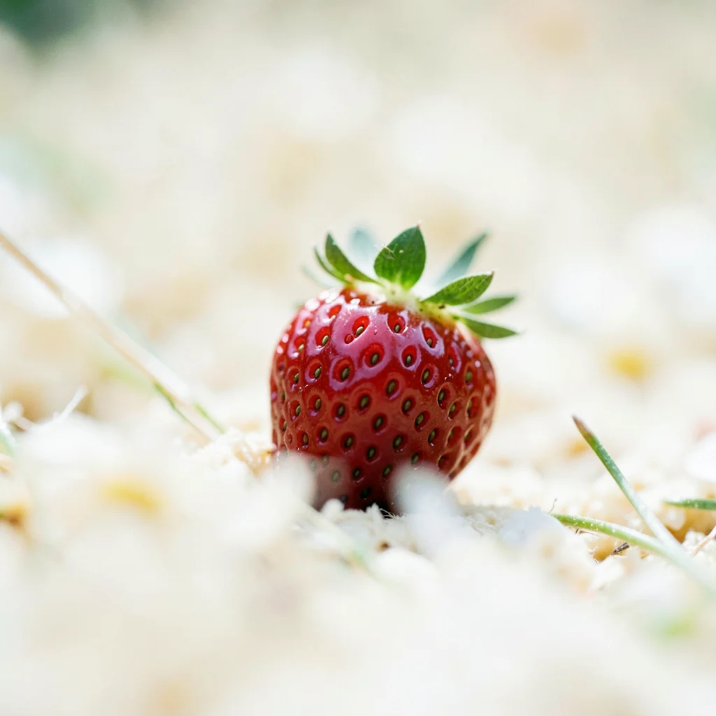 Single strawberry in focus against creamy field