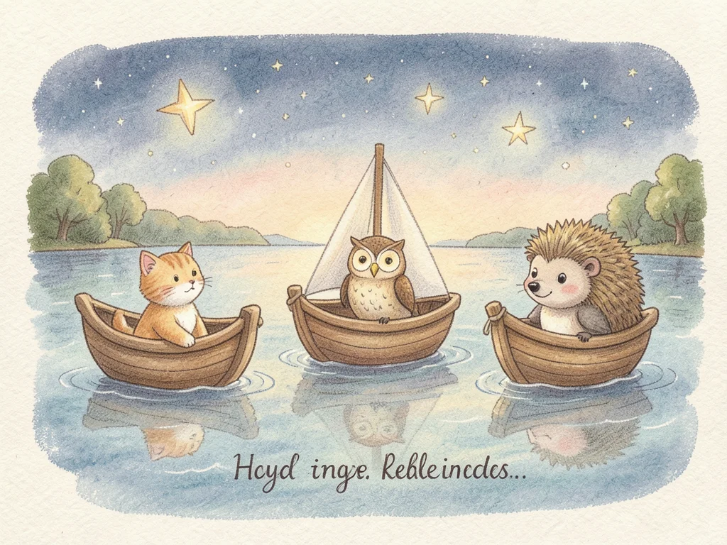 Three little boats with animal captains — a cat, an owl, and a hedgehog — sailin