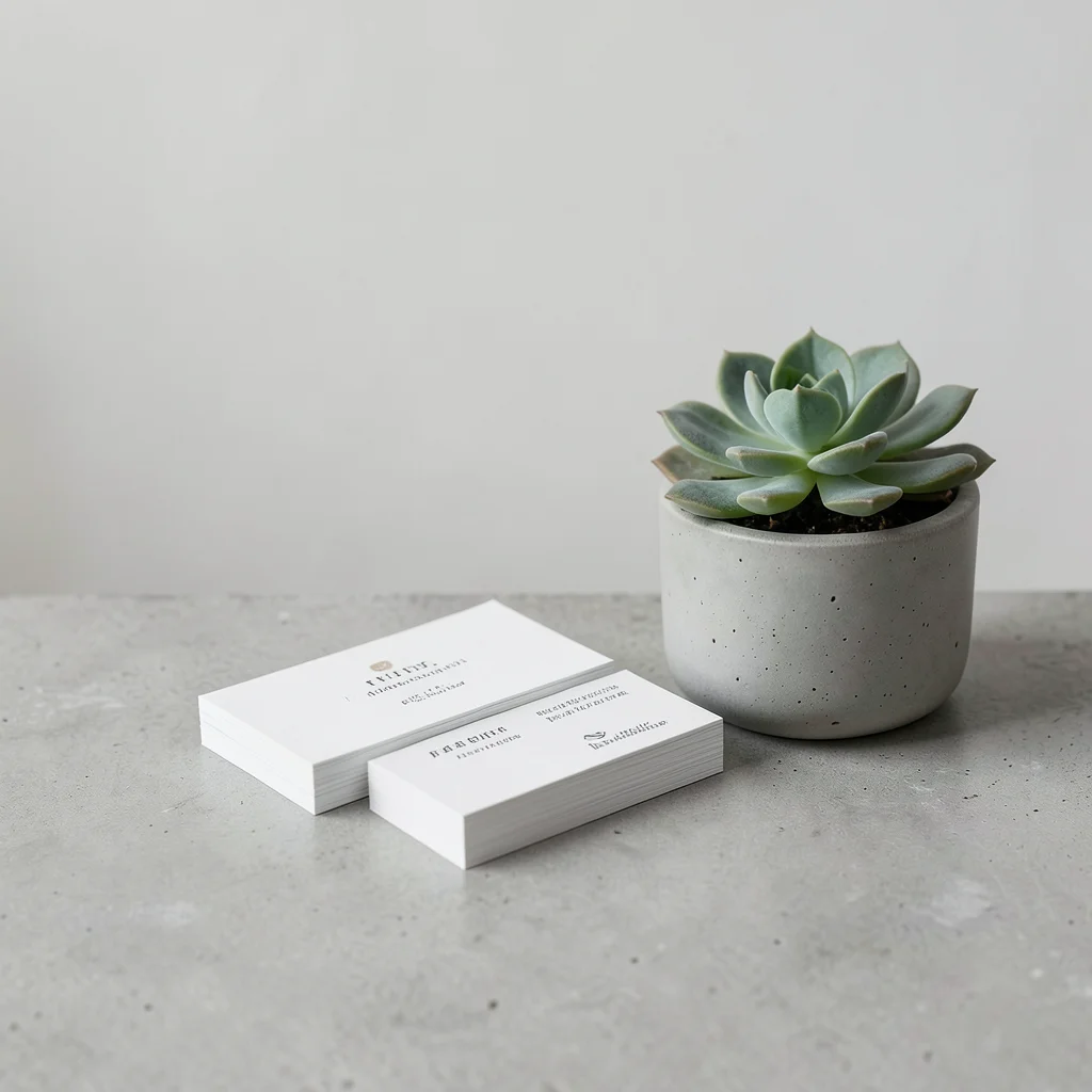 Stack of business cards on a concrete surface with a succulent plant