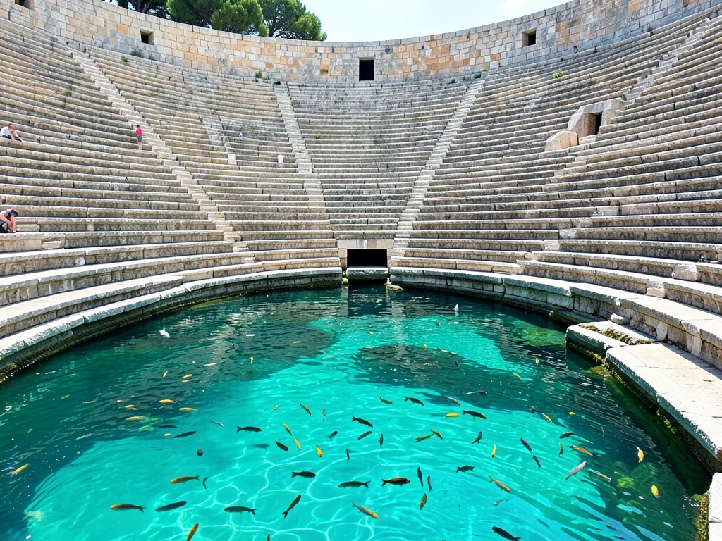 Stone amphitheater partially submerged, seats disappearing into turquoise water,