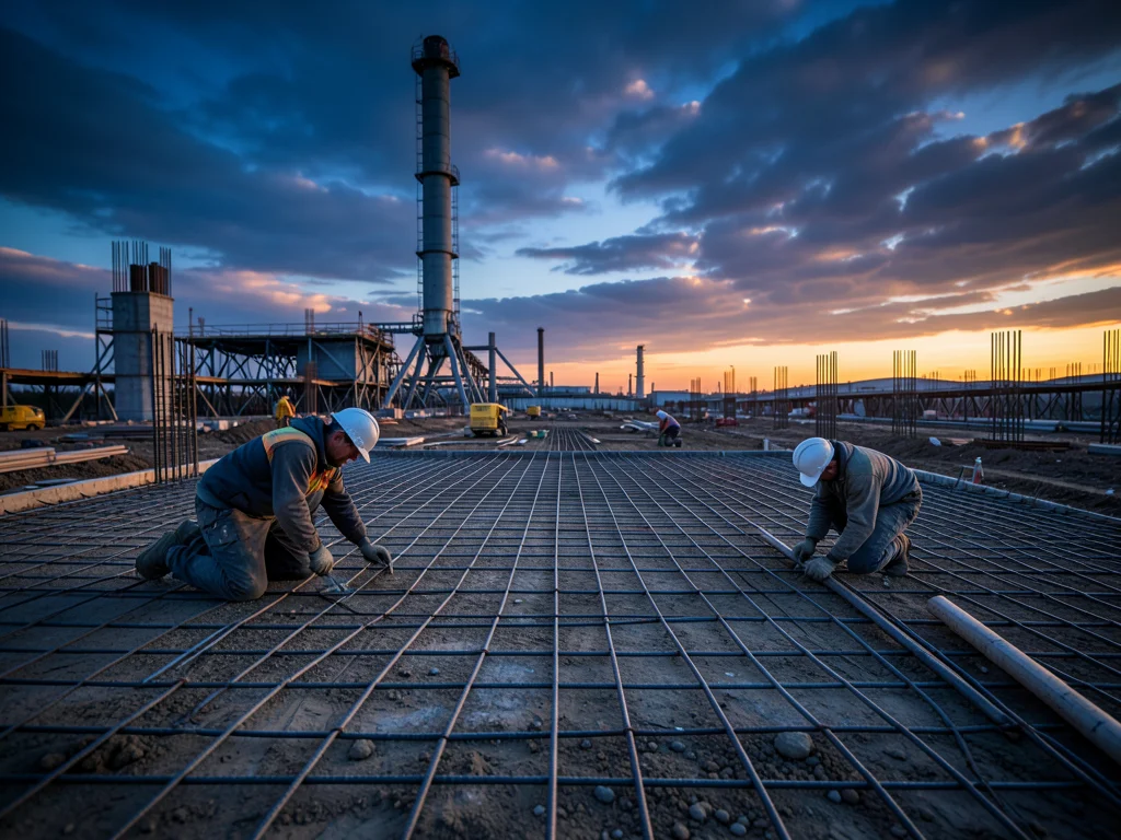 Workers tying rebar for a foundation mat, the grid of steel bars forming a geome