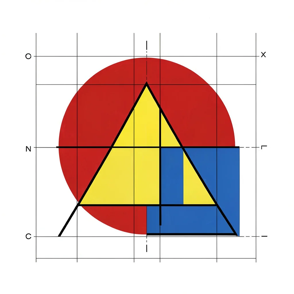 Red circle, yellow triangle, and blue square arranged in proportional grid — ove