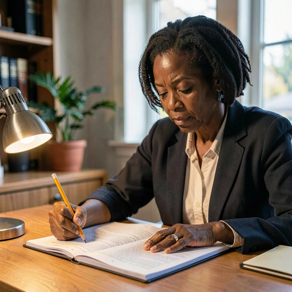 A focused Black professor in her forties annotating a journal article in margins