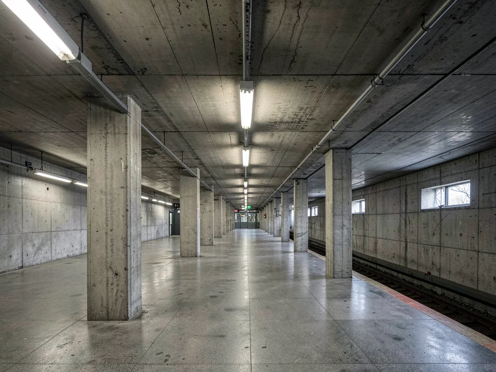 A subway station brutalist concourse — poured concrete ceiling, columns, long em