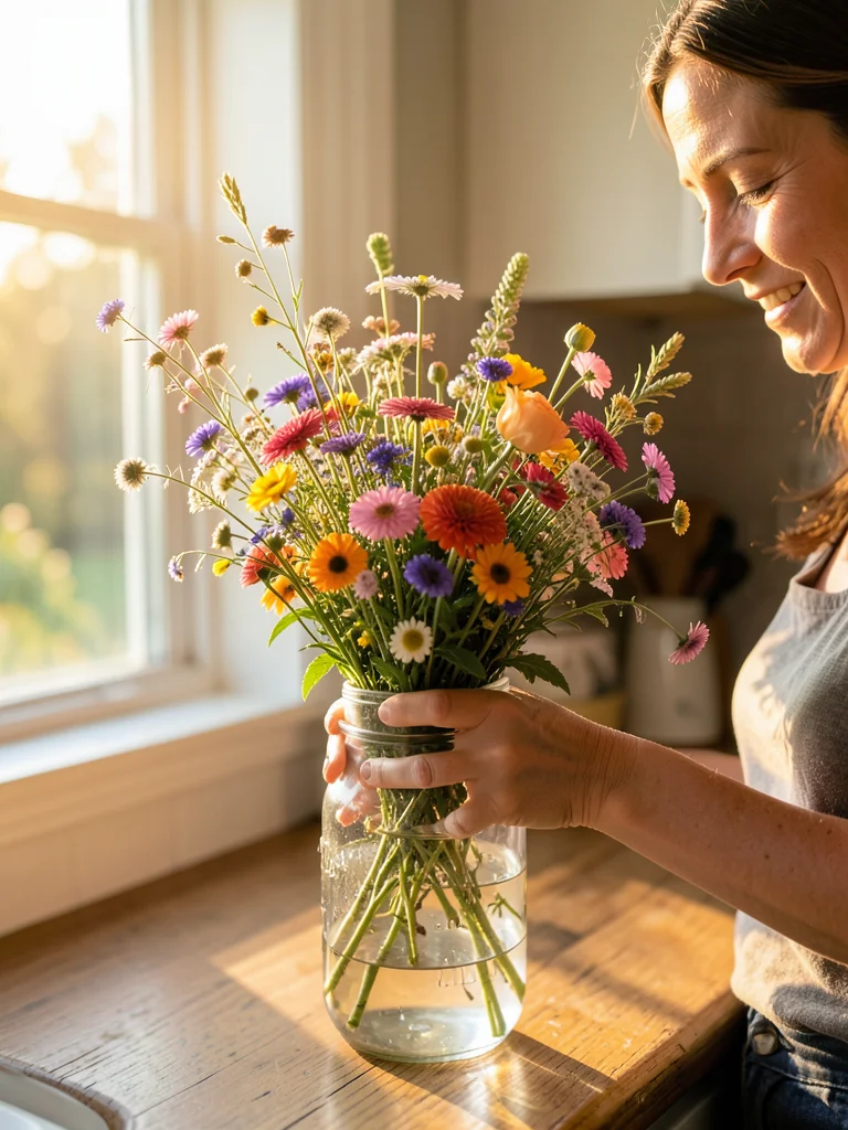 Person arranging wildflower bouquet in mason jar, sunny kitchen window