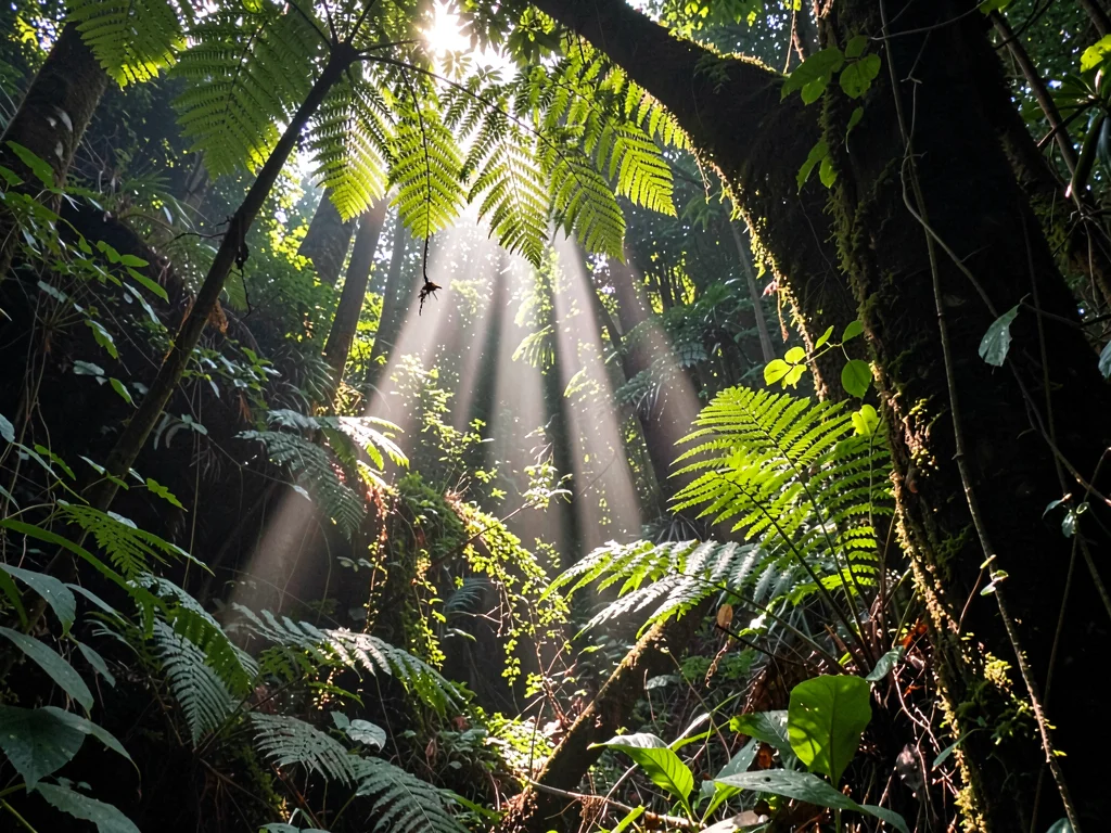 Fern fronds catching shaft of penetrating light