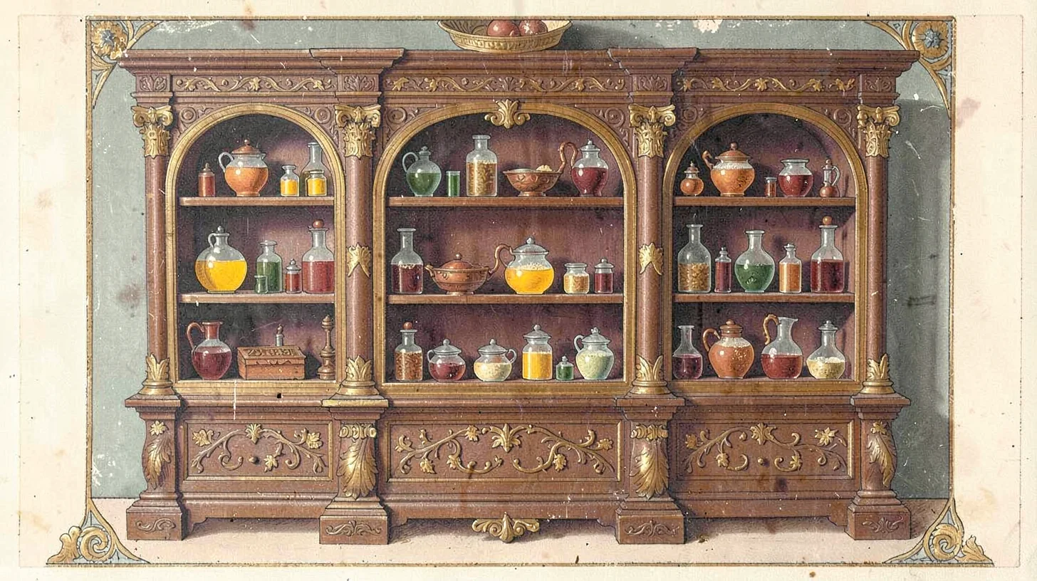 Egg tempera illustration, medieval apothecary cabinet , yolk-bound pigment, gold
