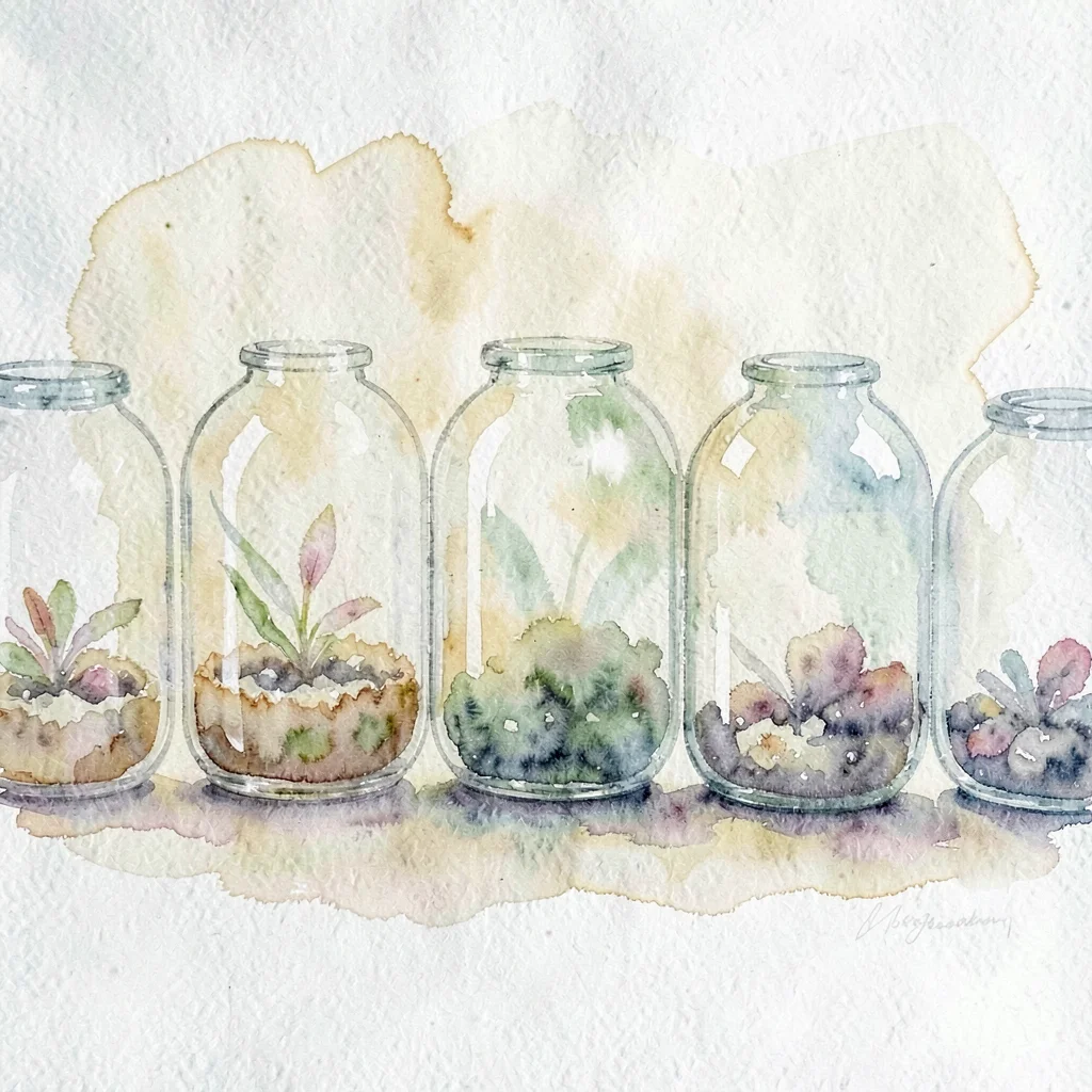 Soft-wash watercolor of a row of glass terrariums softened to a wet smear, calm 