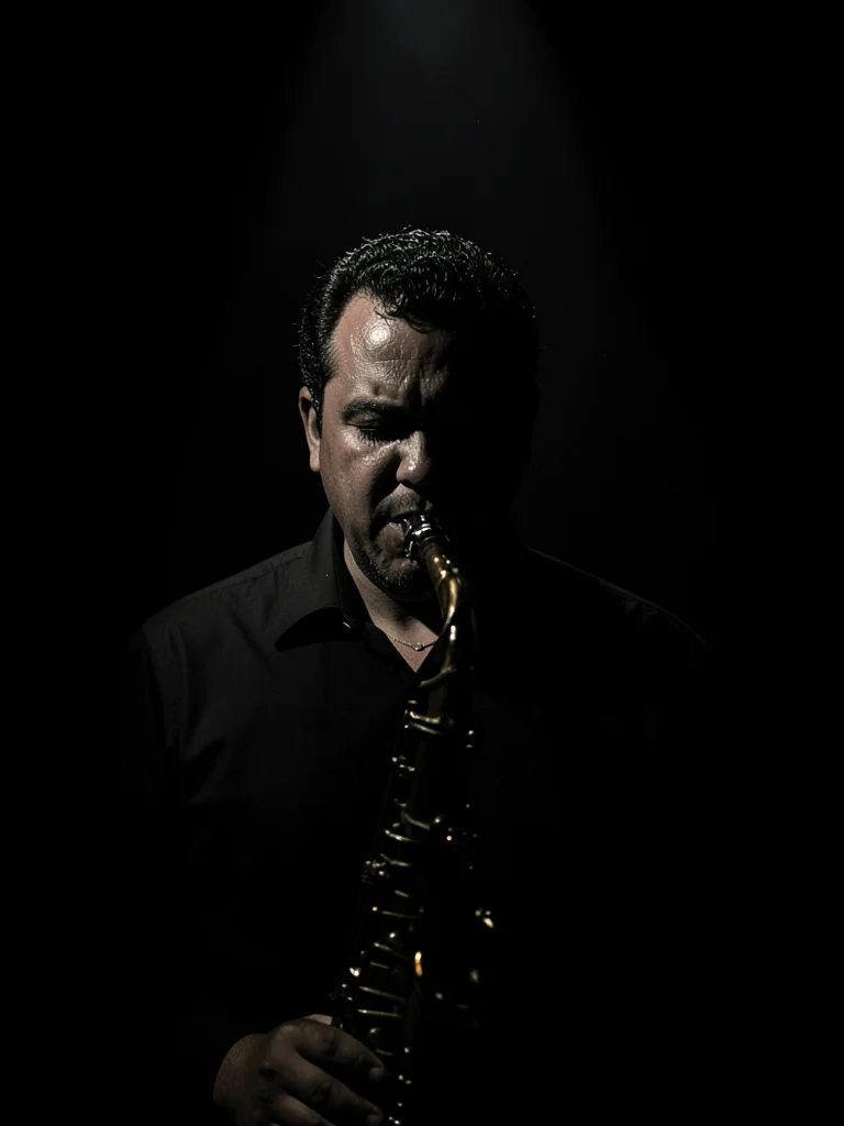 Jazz musician in single spotlight
