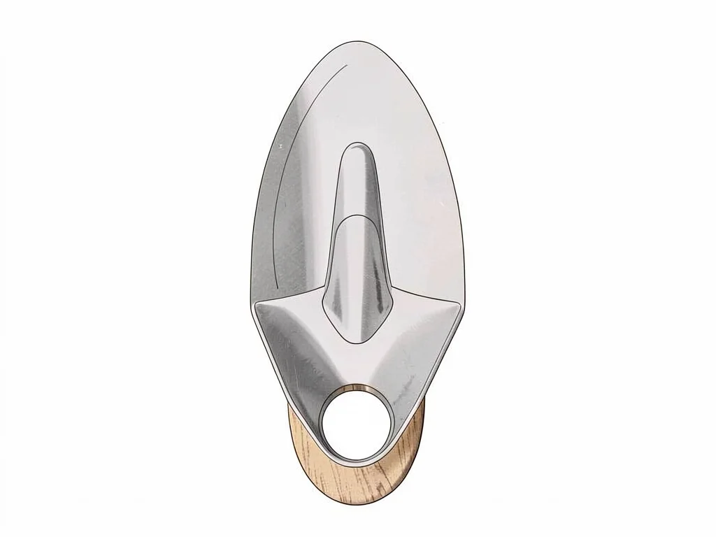 Single garden trowel viewed from above, blade scoop hollowed by a faint inner co