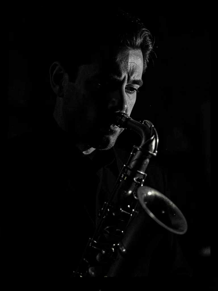 Saxophone bell in darkness