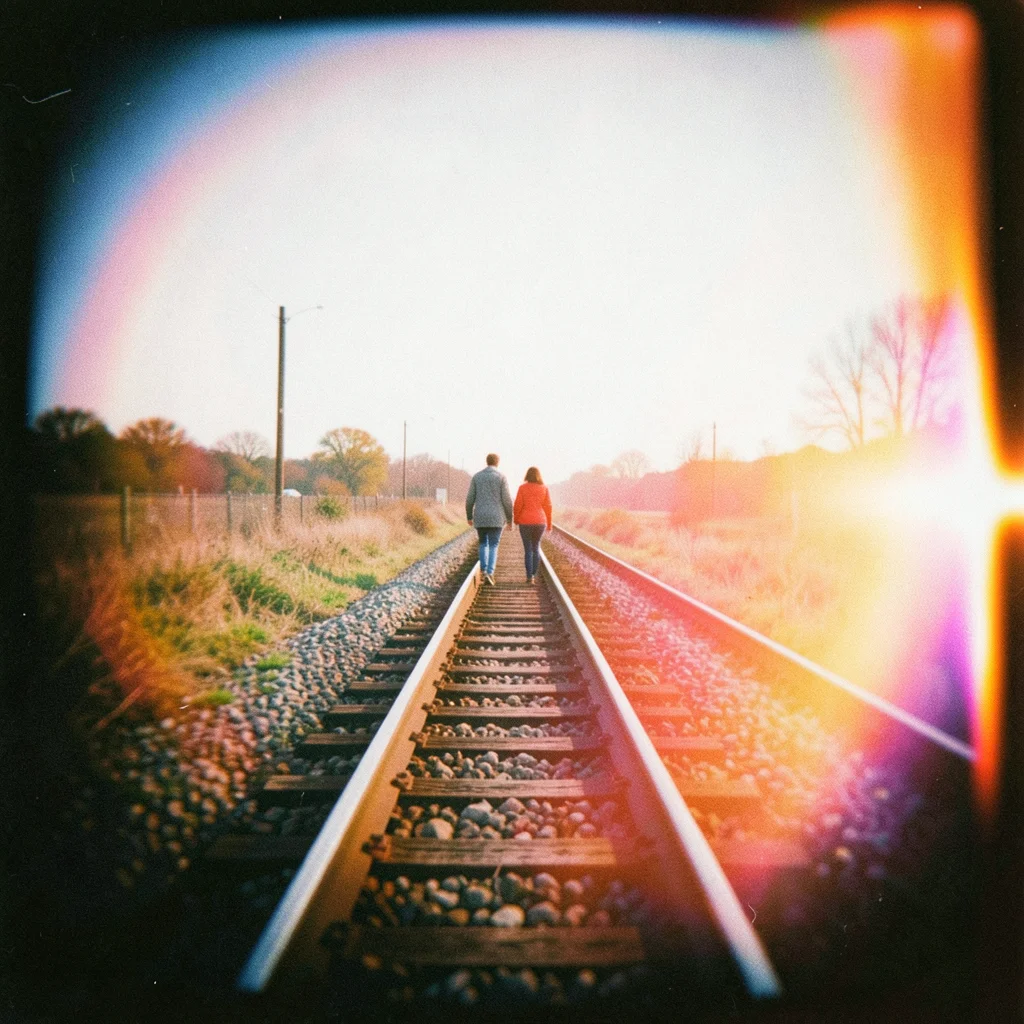 A couple walking on railroad tracks into the distance, the converging lines crea