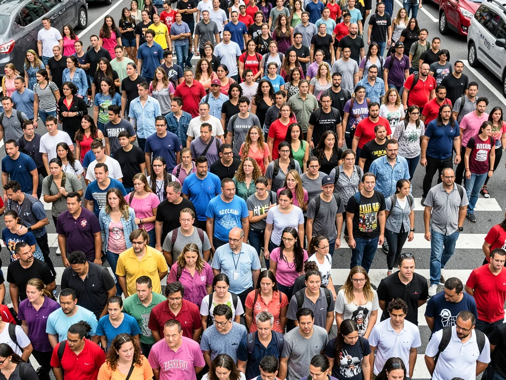 Crosswalk crowd compressed into layers of people