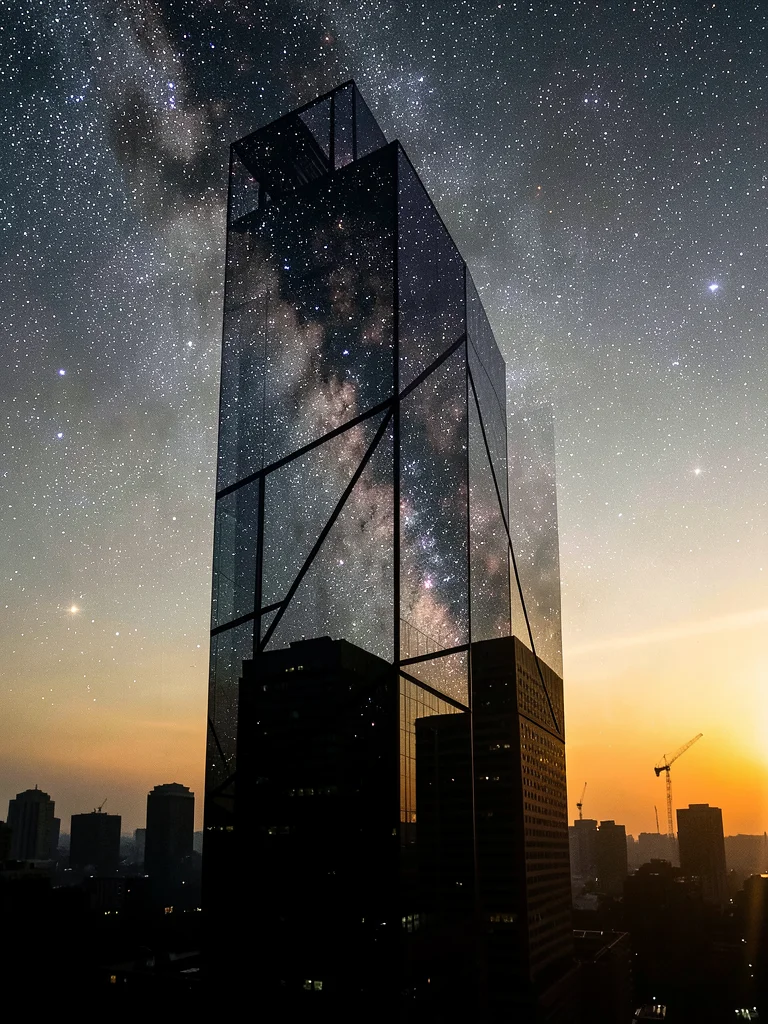 Skyscraper silhouette filled with starfield and nebula, double exposure