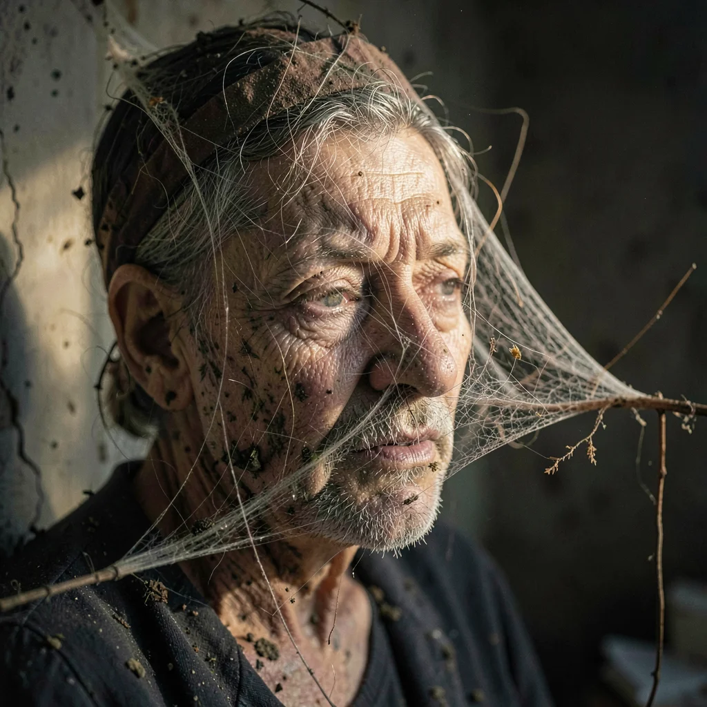 Dusty corner cobweb catching light like delicate sculpture