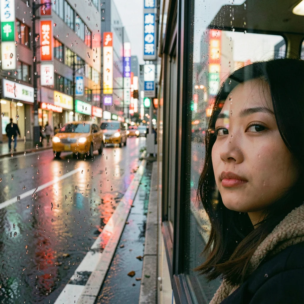 Close-up of a woman's face reflected in a rain-beaded bus window, city sliding p
