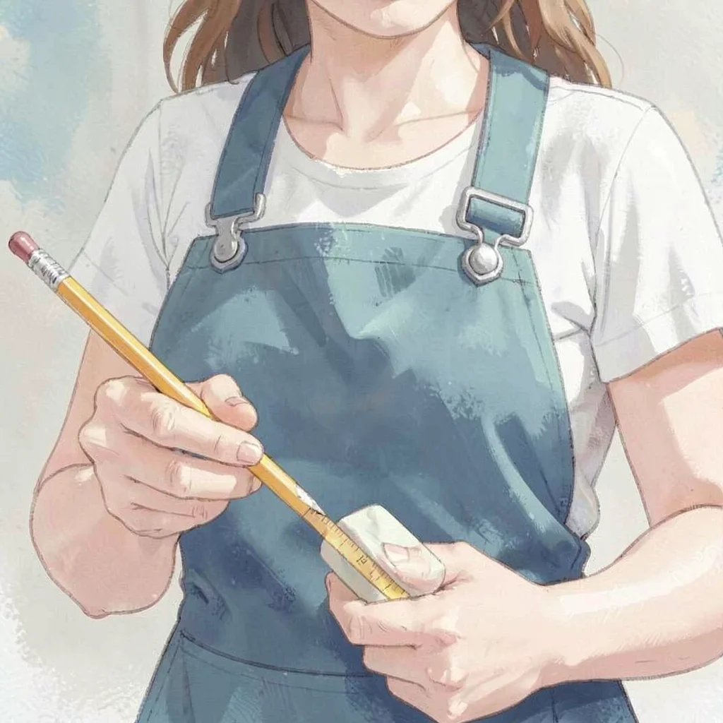 Close portrait of an apron holding a sharpened pencil, a kneaded eraser, and a s