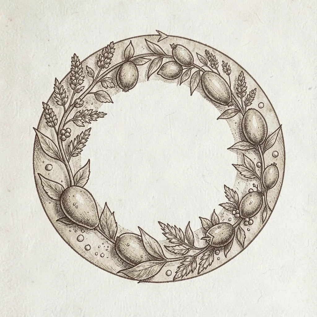Illustrated diagram of seed-saving cycle as a circular flow, sepia ink