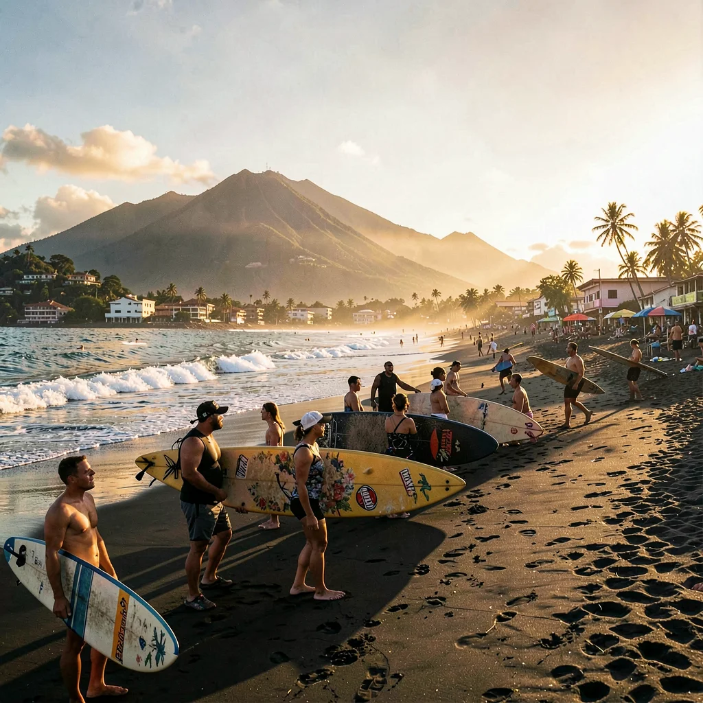 Pupusería golden hour in El Salvador, Surfers carrying longboards down a black s