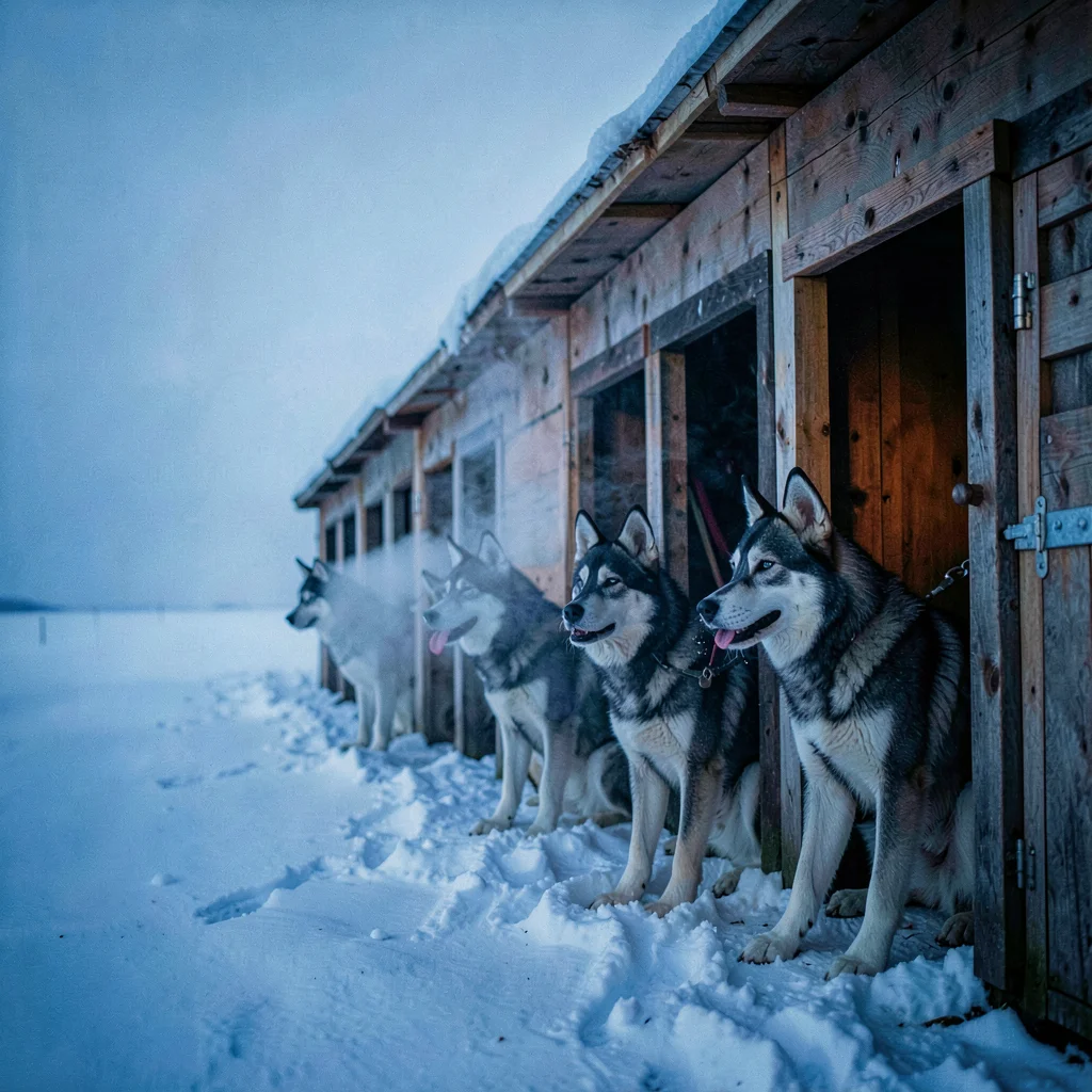 Photograph with Alaskan Arctic sensibility, Sled dogs in their kennels, the husk