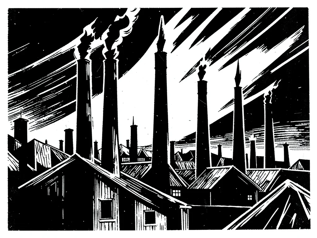 Factory district at night, chimneys as jagged black verticals, sky slashed white