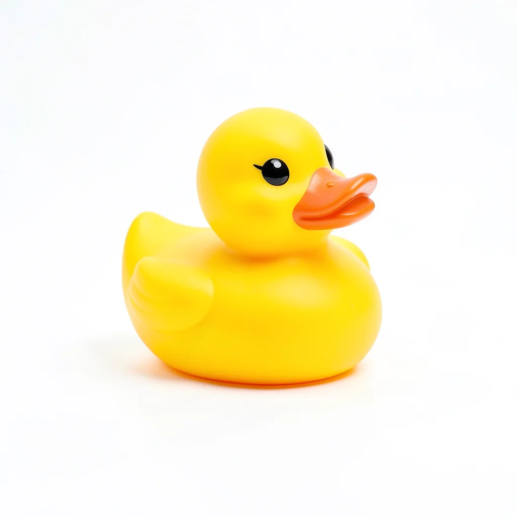 Single yellow rubber duck on infinite white, lit like a diamond advertisement, e