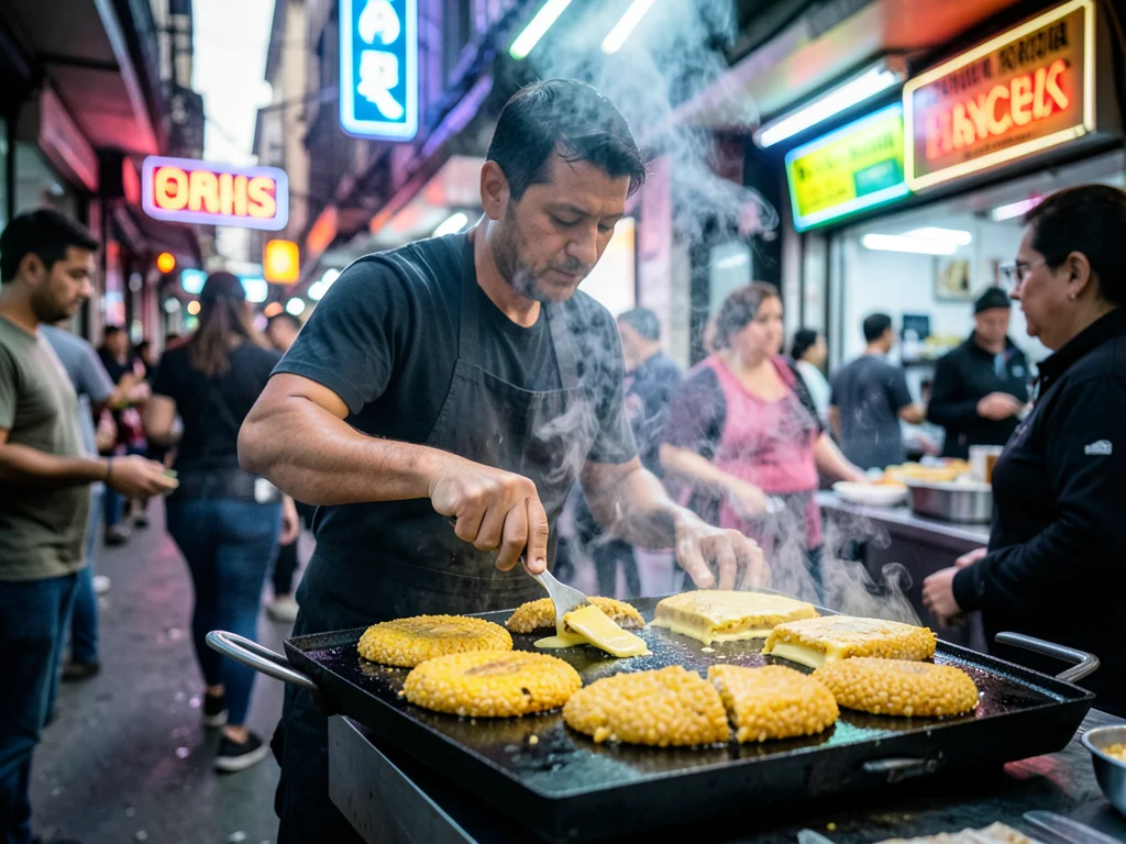An arepa vendor in Bogota, the corn cakes grilling on a plancha, cheese oozing f