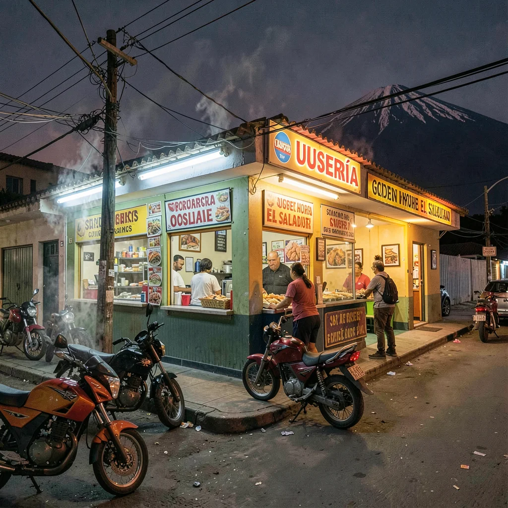 Pupusería golden hour in El Salvador, A corner pupuseria at night, fluorescent l