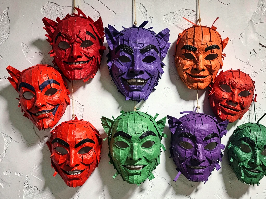 A papier-mâché mask collection in vivid red, purple, and green hung on a wall