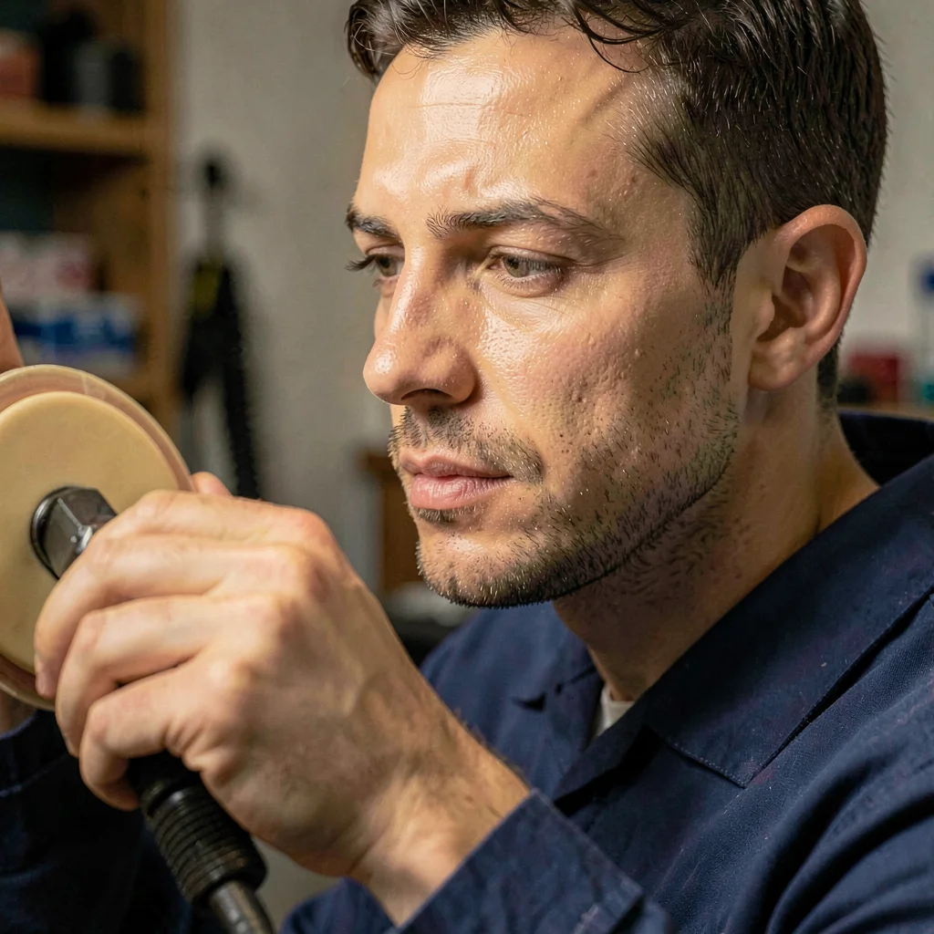 Tight portrait of a polisher operator with a buffing pad, soft worklight glow on