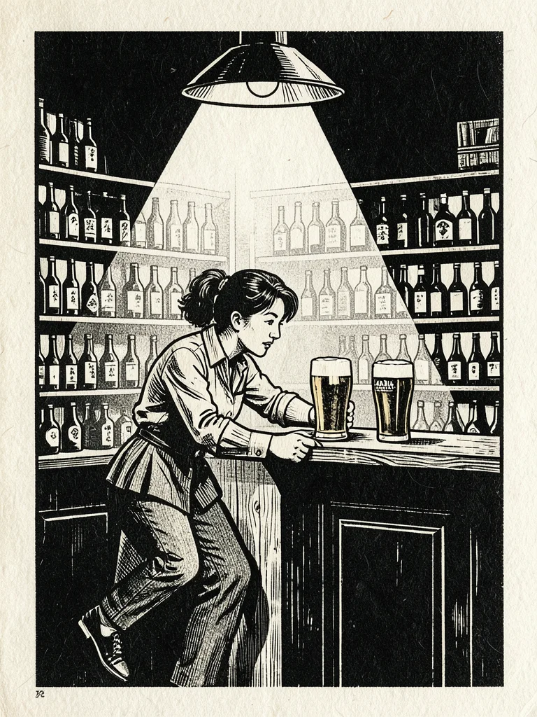 A woman pulling a pint of stout behind a bar, overhead lamp casting a cone of li