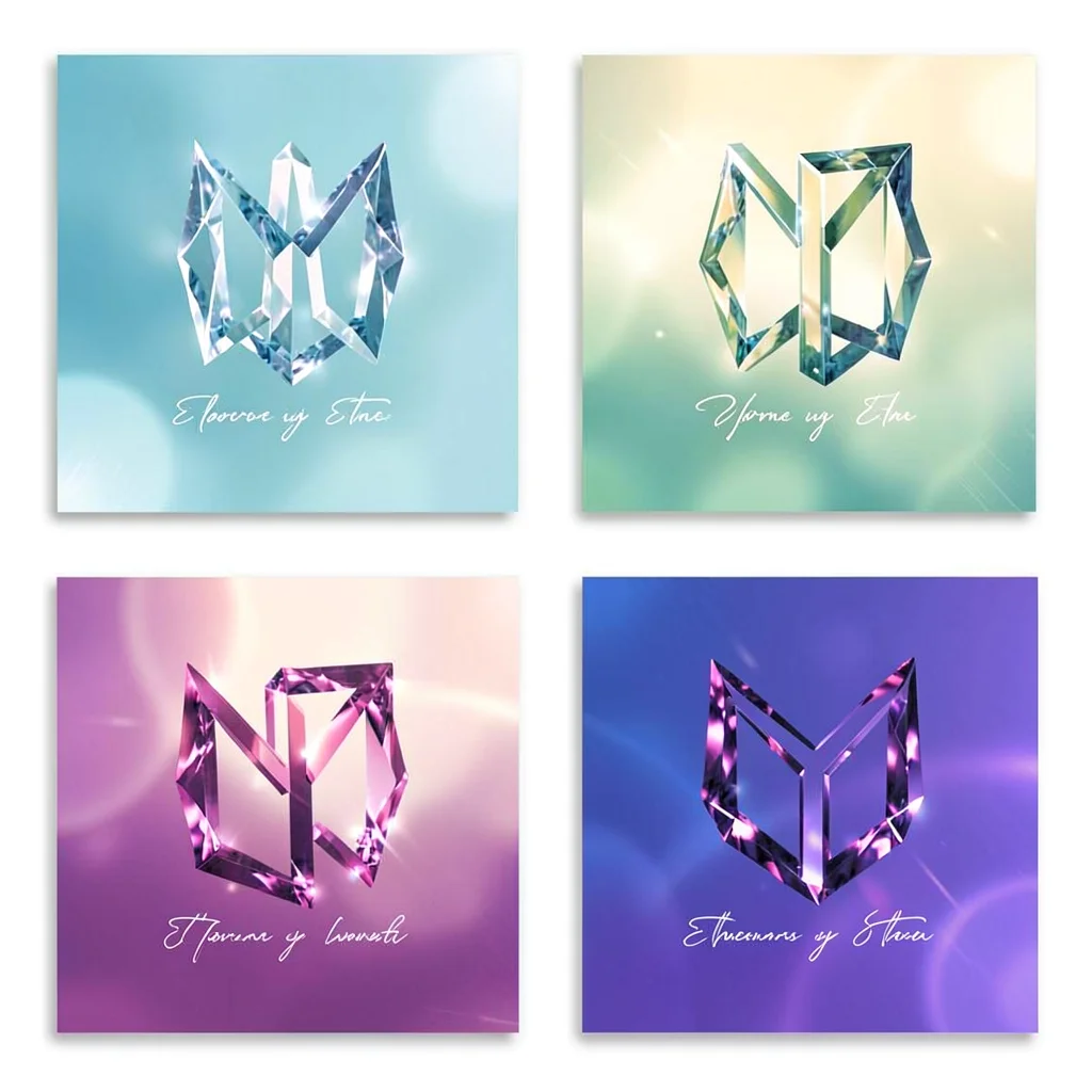 Quote card grid of four abstract glyph tiles, each in a different jewel tone