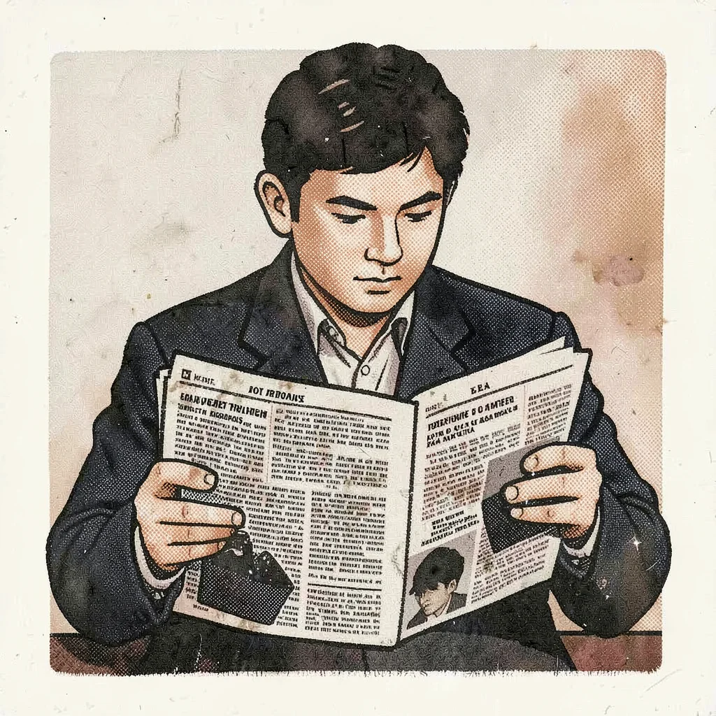 Risograph-style illustration, person reading newspaper , spot color layer simula